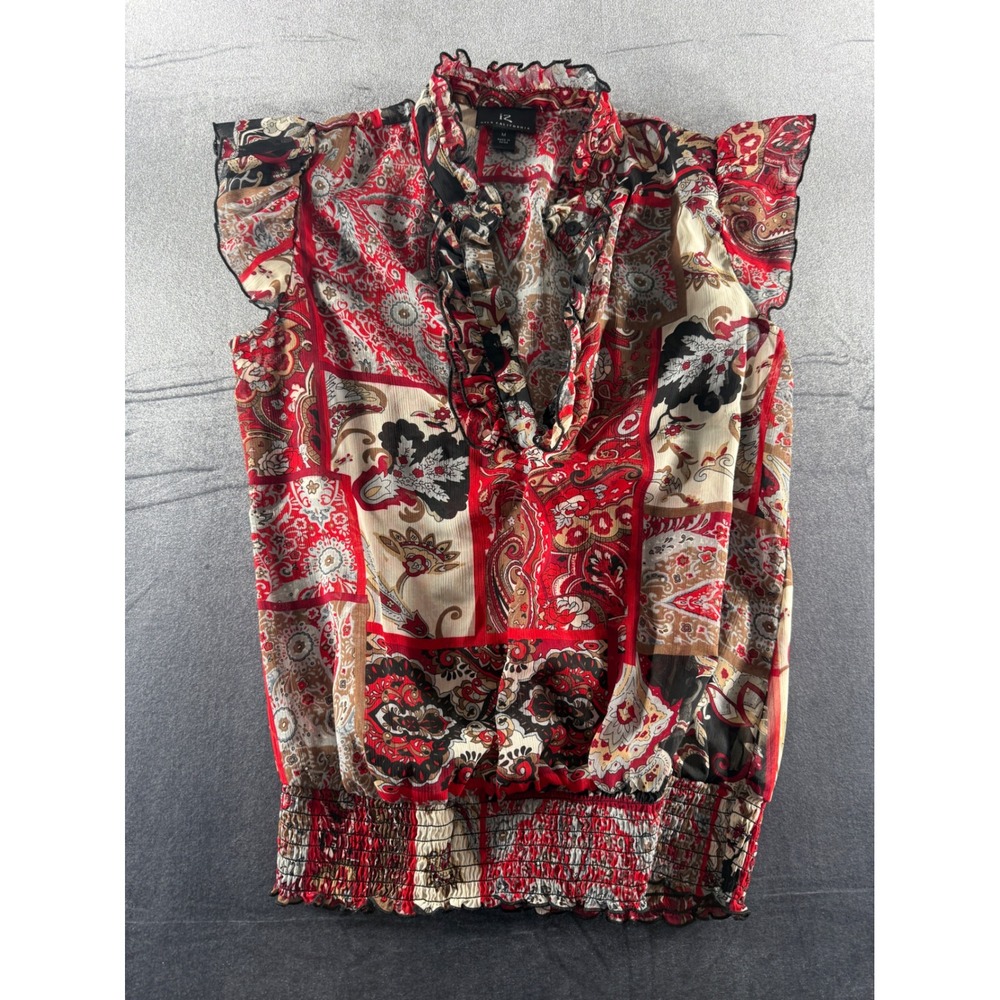 IZ Byer California Women Red Paisley Patchwork Ruffle Sleeveless Blouse Medium